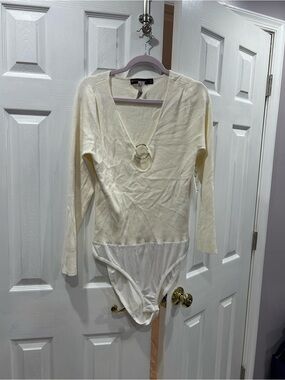Cream Long-Sleeve V-Neck Ring-Accent Bodysuit